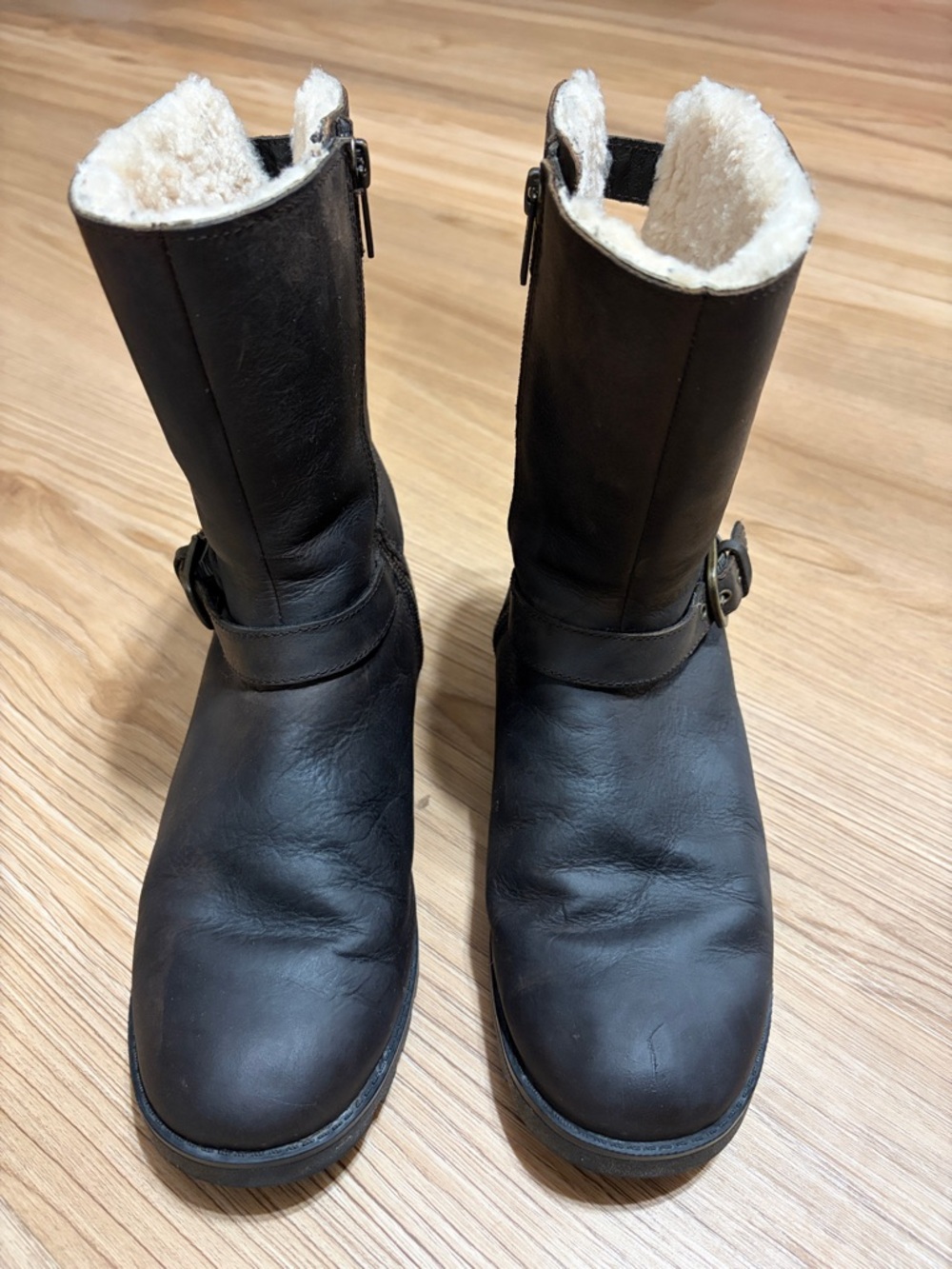 UGG Black Leather Shearling-Lined Moto Mid-Calf Boots